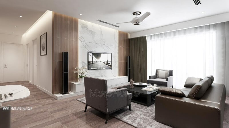 Thiết kế phòng khách chung cư cao cấp không quá cầu kỳ vào từng chi tiết trang trí, hầu hết các hình khối và đường nét sử dụng là các chi tiết đơn giản nhưng vẫn đảm bảo được sự sang trọng và tiện nghi của không gian này Thiết kế chung cư