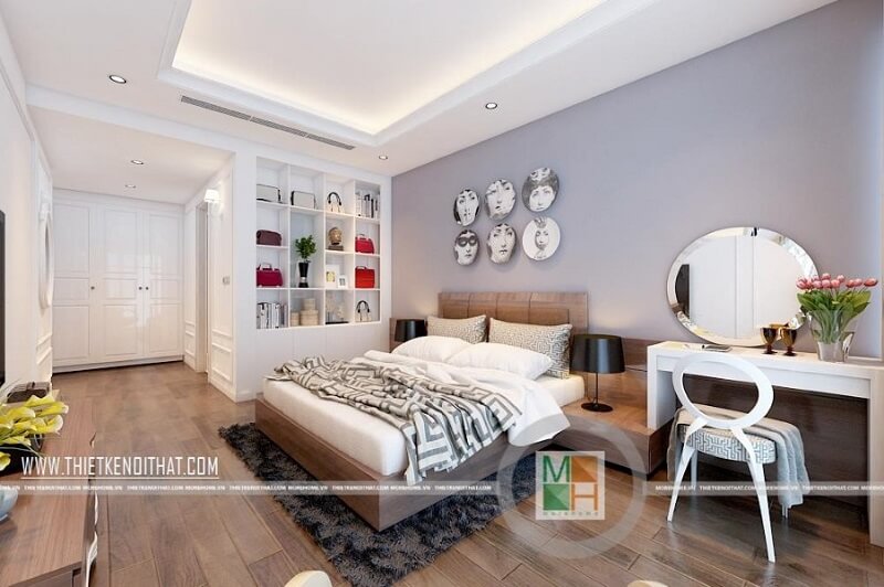 Mẫu giường ngủ chung cư đẹp bọc da đầu giường màu nâu mang đến cảm giác sang trọng cho căn phòng ngủ của gia chủ Thiết kế chung cư