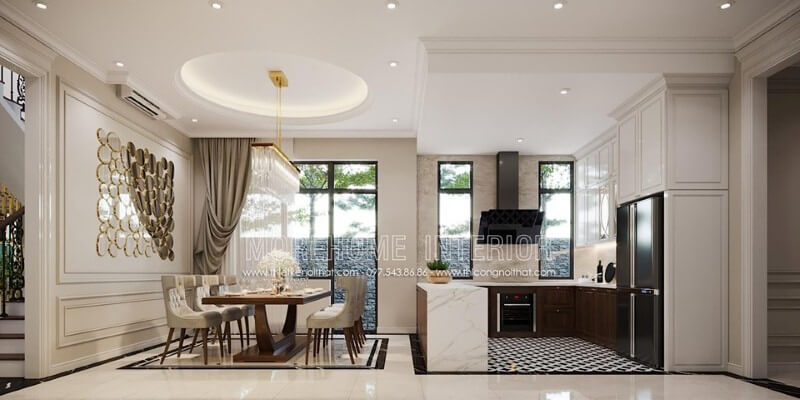 Trang trí nội thất phòng ăn liền phòng bếp đẹp, sang trọng theo phong cách đương đại. Thiết kế nội thất phòng ăn biệt thự