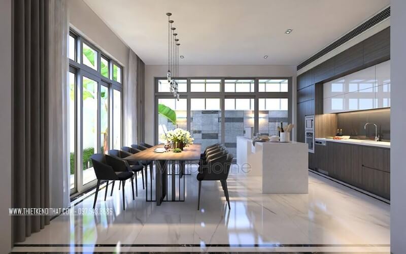 Bố trí nội thất phòng ăn liền bếp hiện đại, đẹp cho biệt thự, nhà phố. Thiết kế nội thất phòng ăn biệt thự
