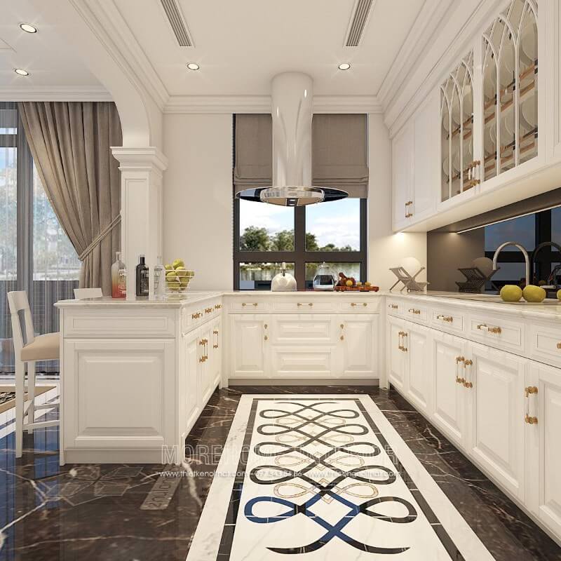 Mẫu tủ bếp chữ u thiết kế cực kỳ quý phái và trang nhã đặc biệt dành riêng cho những biệt thự tân cổ điển Thiết kế phòng bếp, tủ bếp đẹp