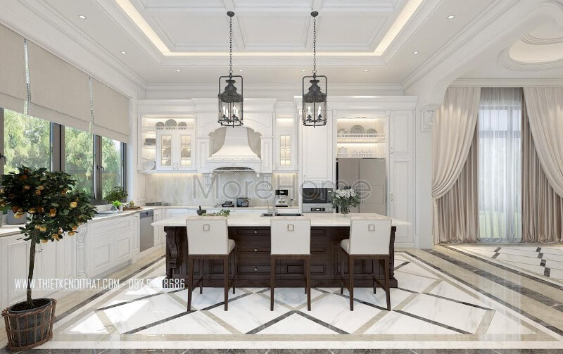 Thiết kế tủ bếp chữ L gỗ tự nhiên cao cấp phong cách tân cổ điển sang trọng và tiện nghi Thiết kế phòng bếp, tủ bếp đẹp