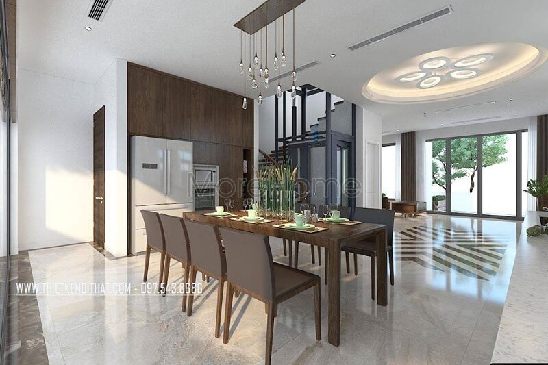 Thiết kế nội thất phòng ăn biệt thự cao cấp với sự xuất hiện của bộ bàn ăn gỗ tự nhiên tạo điểm nhấn nổi bật cuốn hút Thiết kế phòng ăn biệt thự