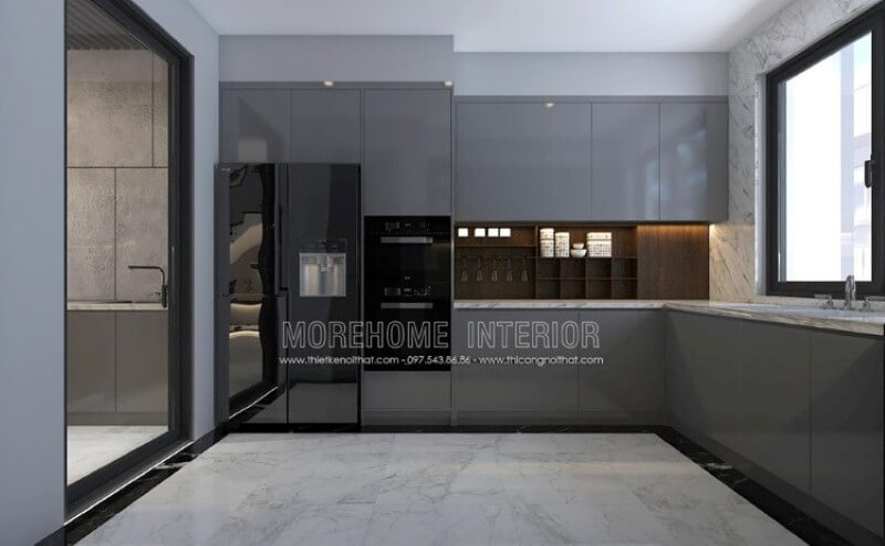 Mẫu tủ bếp gỗ công nghiệp acrylic màu xám đẹp mắt trong thiết kế nội thất phòng bếp hiện đại sẽ là lựa chọn khá phù hợp với các không gian như chung cư, biệt thự, nhà phố. Thiết kế tủ bếp chung cư