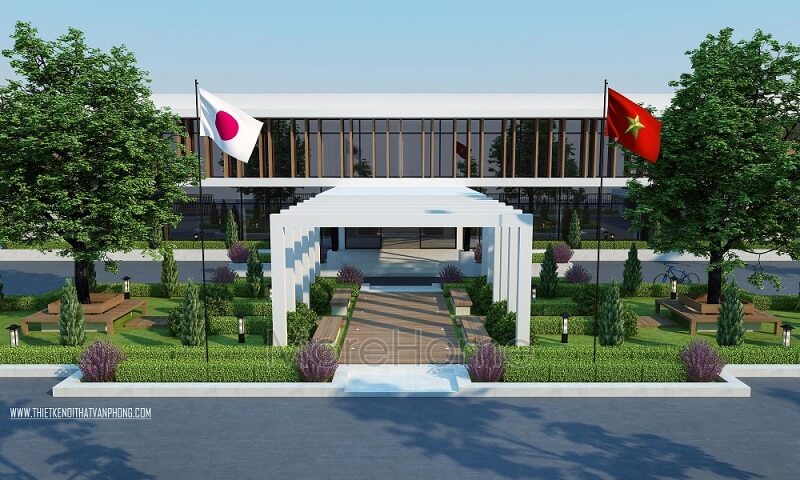 Cổng vào công ty Bình Minh được thiết kế dạng đơn khung đơn giản, không cầu kỳ, vừa tạo điểm nhấn cho không gian lại góp phần định hình đường đi, lối vào