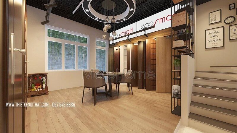 Mẫu thiết kế nội thất showroom trưng bày sản phẩm cửa gỗ đẹp với tông màu gỗ vàng sáng chủ đạo kết hợp nội thất gỗ đơn giản, tinh tế.