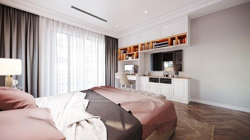 Bàn học liền kệ trang trí, kệ tivi, tủ đựng đồ tạo không gian đẹp, liền mạch, tối giản diện tích nhưng lại đảm bảo công năng hiệu quả cho phòng trẻ em.