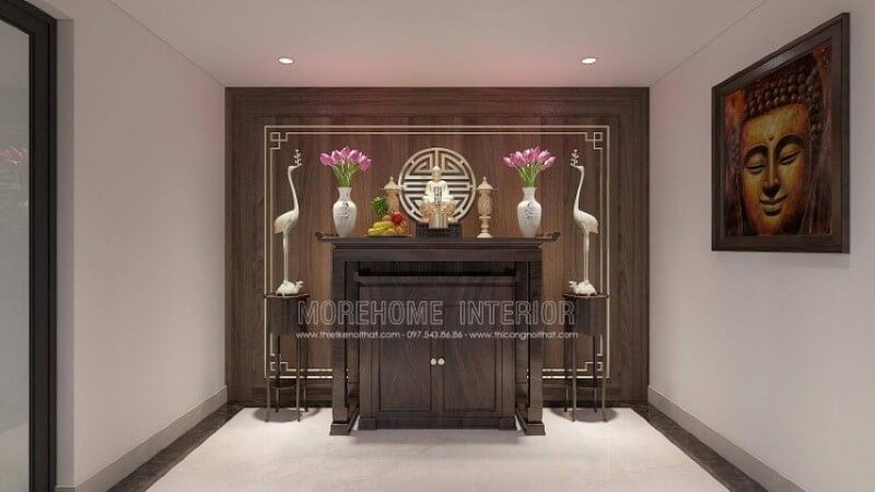 Mẫu thiết kế phòng thờ sử dụng chất liệu tủ thờ gỗ óc chó cùng tấm gỗ ốp tường trang trí sẽ là một lựa chọn đáng chú ý cho các không gian rộng như biệt thự, nhà phố.