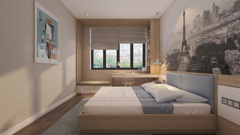 Sắp xếp nội thất phòng ngủ với ý tưởng tập trung vào công năng từ góc làm việc, học tập và giảm thiểu tối đa chi tiết không hữu hiệu như tivi và thay vào đó là tranh treo tường canvas nghệ thuật đẹp mắt.