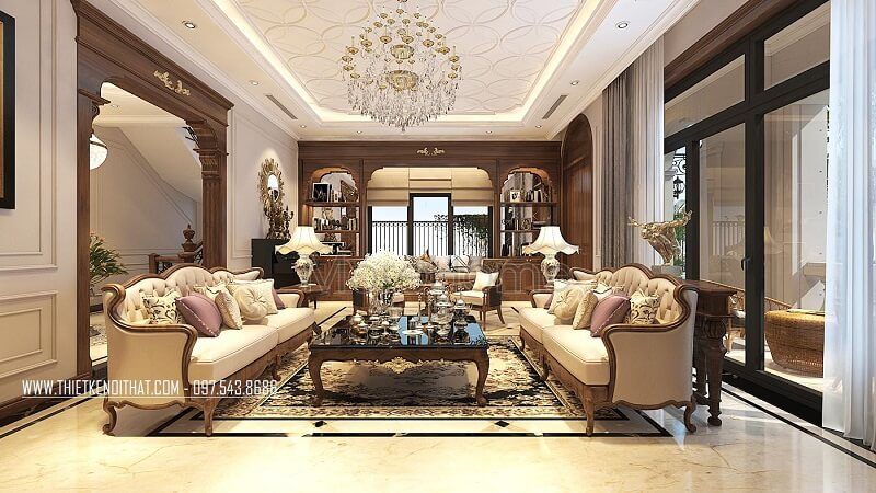 Bàn trà tân cổ điển màu nâu trầm bóng mượt với những đường nét tinh tế tạo điểm nhấn nổi bật cho căn phòng