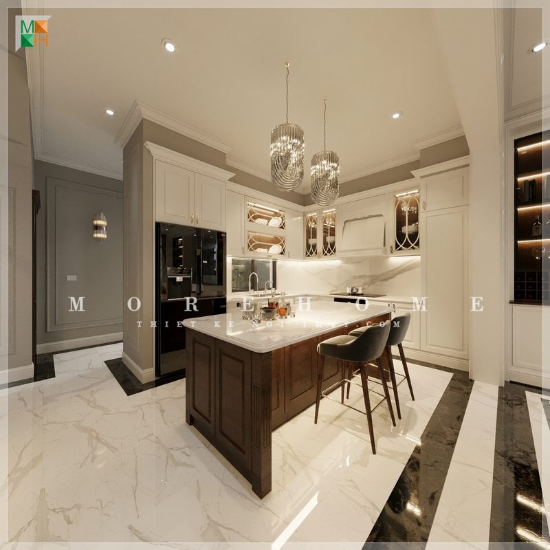 Đội ngũ KTS của Morehome đã thiết kế một phòng bếp ăn đẹp, tiện nghi và sang trọng cho biệt thự.