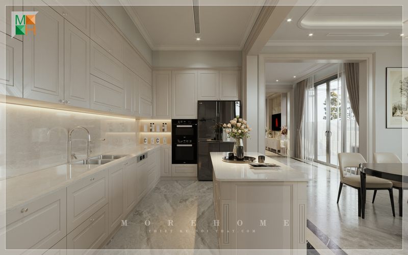 Đặt những lọ hoa trên bếp tô điểm trang hòa để tạo nên một không gian yên bình, sang trọng và tiện nghi.