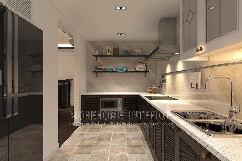 . Gia chủ đã lựa chọn ốp đá nhân tạo cao cấp để trang trí nội thất phòng bếp với tủ bếp hiện đại, giúp cho người nấu có thể dễ dàng lau chùi và vệ sinh hơn.